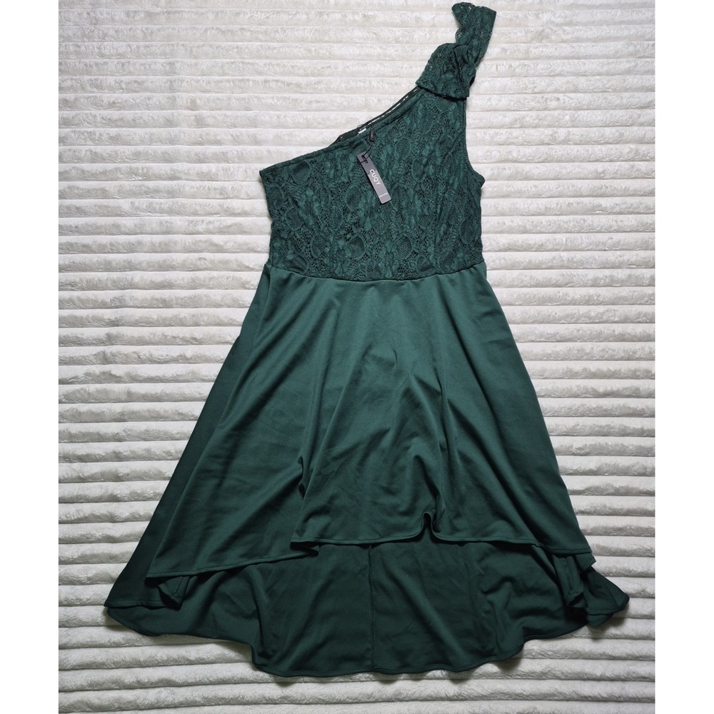 CUQY Green One Shoulder Lace High Low Formal Cocktail Dress Womens Large NWT
